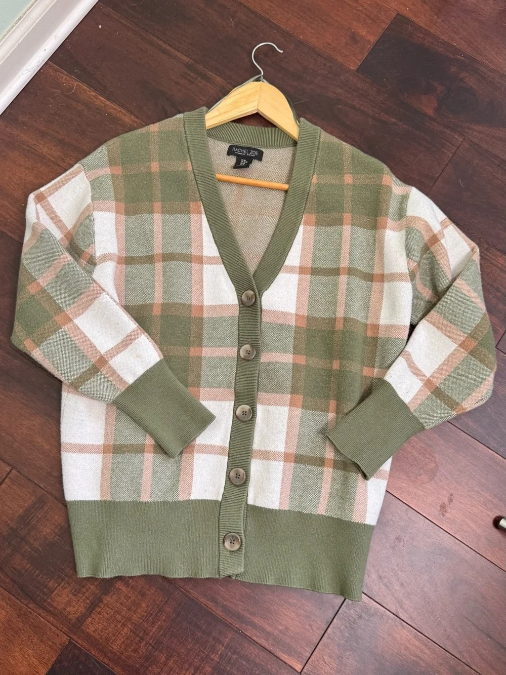 Rachel Zoe Plaid V-Neck Soft Knit Cardigan Olive Green Tan Medium